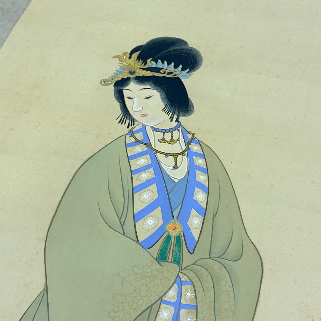 掛軸 雪洲 美人画 落款あり 桃の花 雪洲散史 彩色画 日本画 人物画 季節掛け
