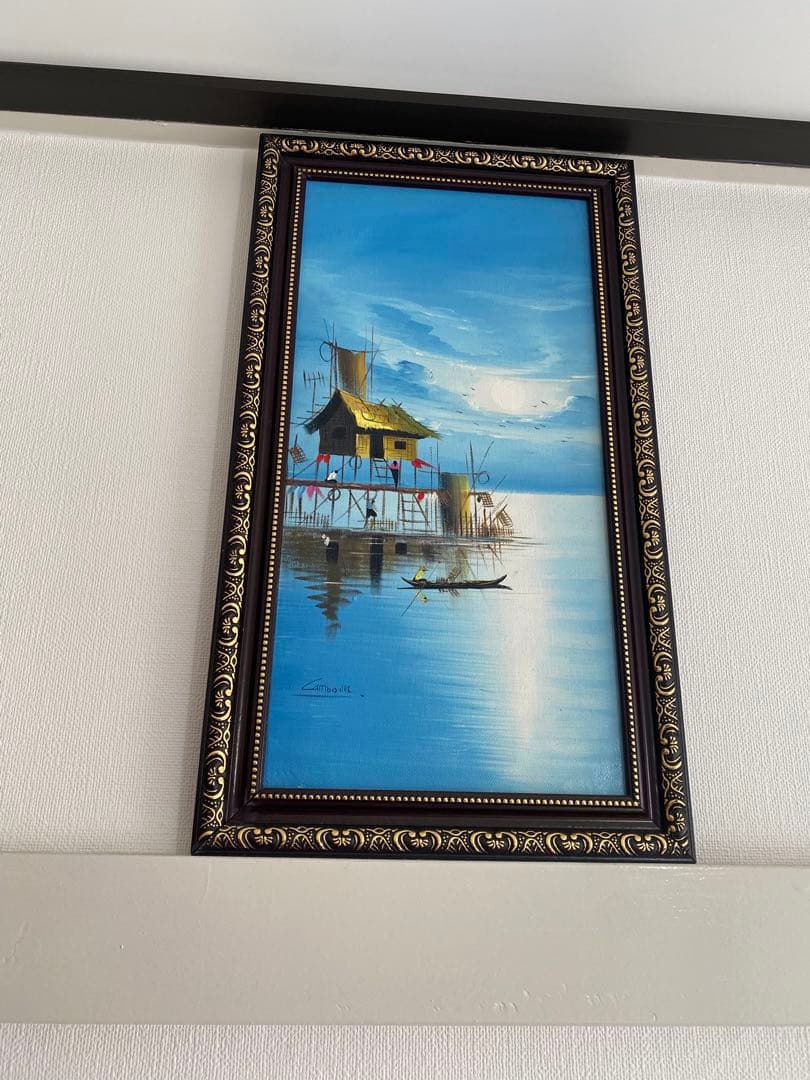 カンボジアの水辺の風景 油彩画