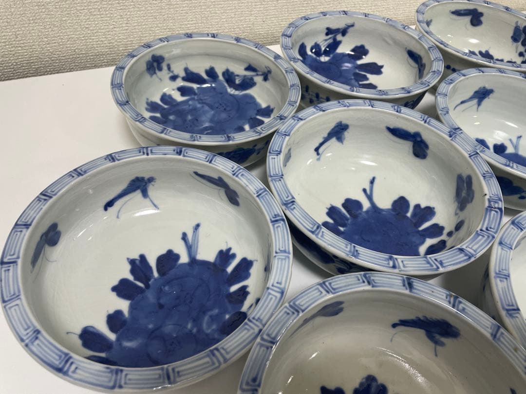 【現状品】古伊万里 染付 花蝶柄 菓子鉢10個セット アンティーク レトロ 陶器