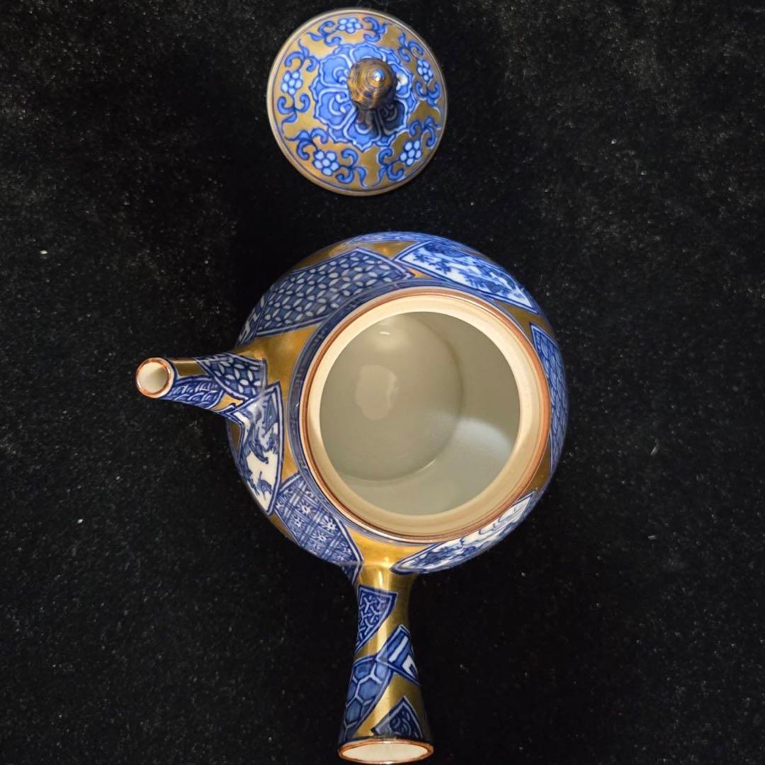 平安　清昌造　急須　共箱　急須　煎茶　宝瓶　京焼　陶器製 金地染付扇面図