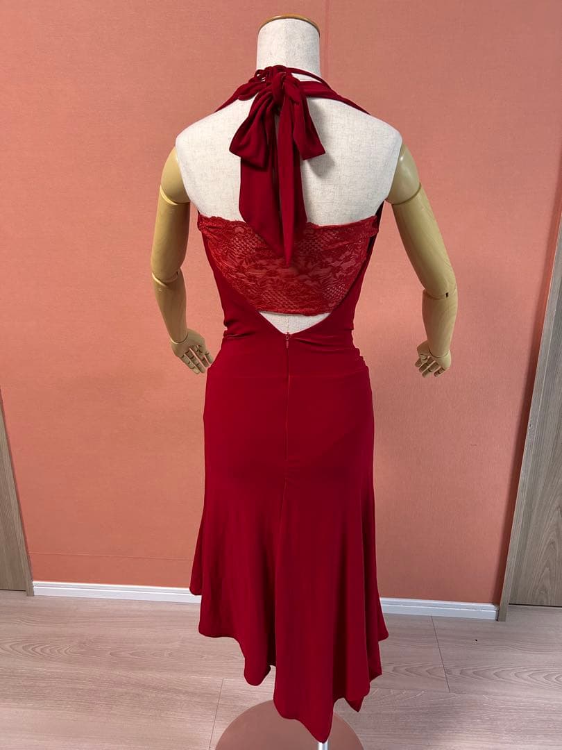 赤い社交ダンスドレス ドレープデザイン