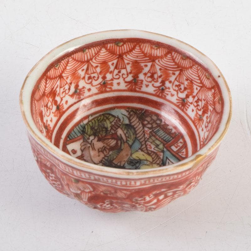 九谷焼　古九谷　赤絵　花人物文　盃　ぐい呑　N　9175