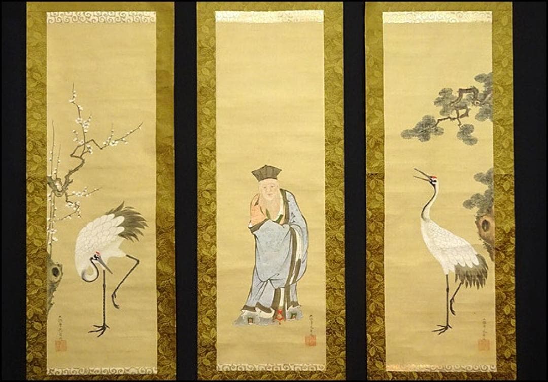 【真作】掛軸 土佐光貞『祝儀三幅対 鶴 福禄寿』絹本 箱付 掛け軸 a01141