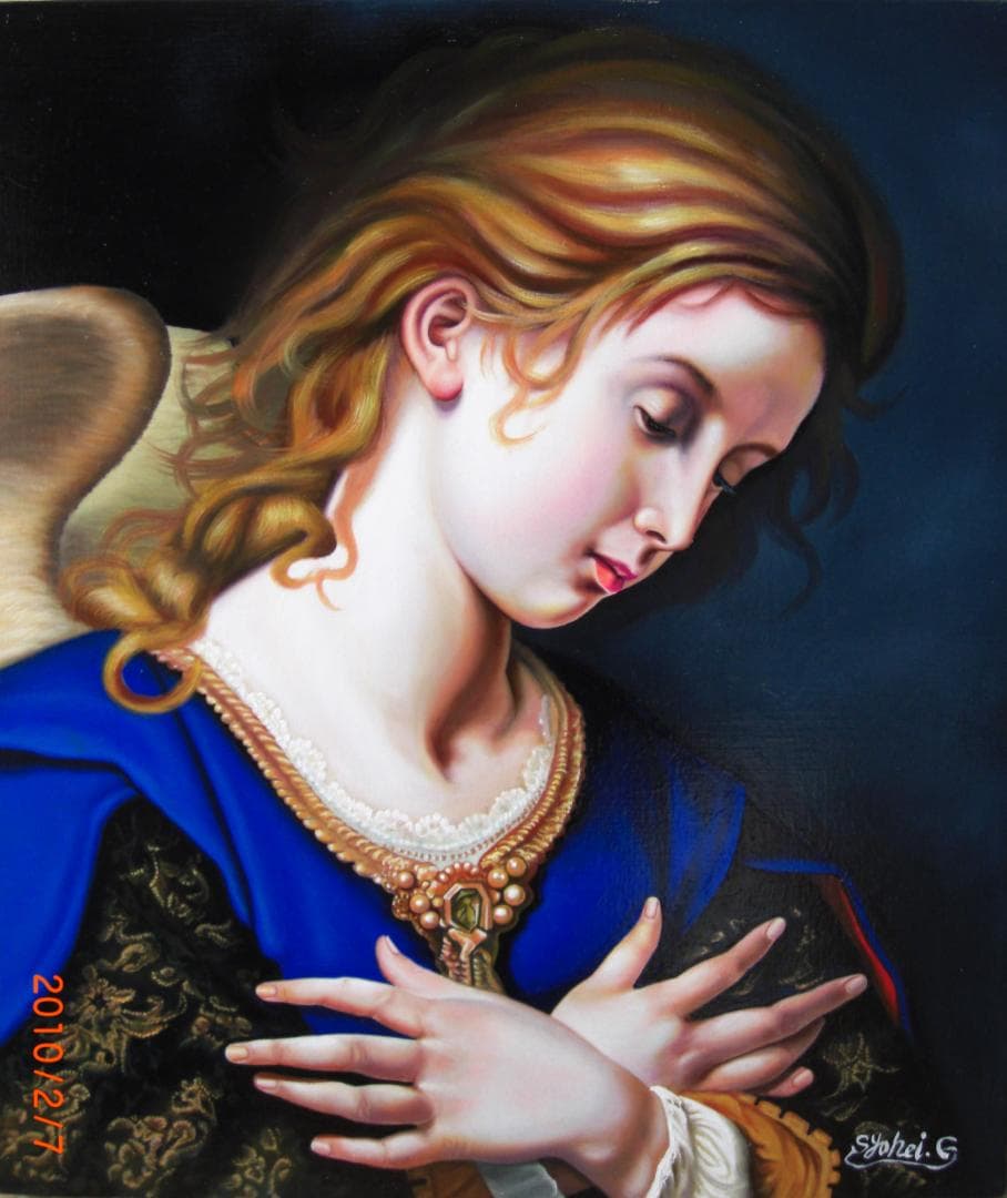 油彩 人物画 青と金の装飾