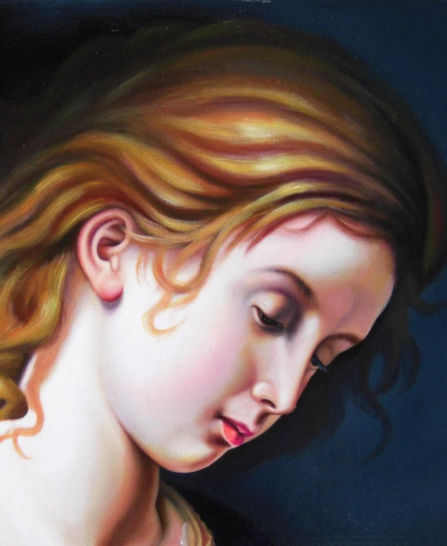 油彩 人物画 青と金の装飾