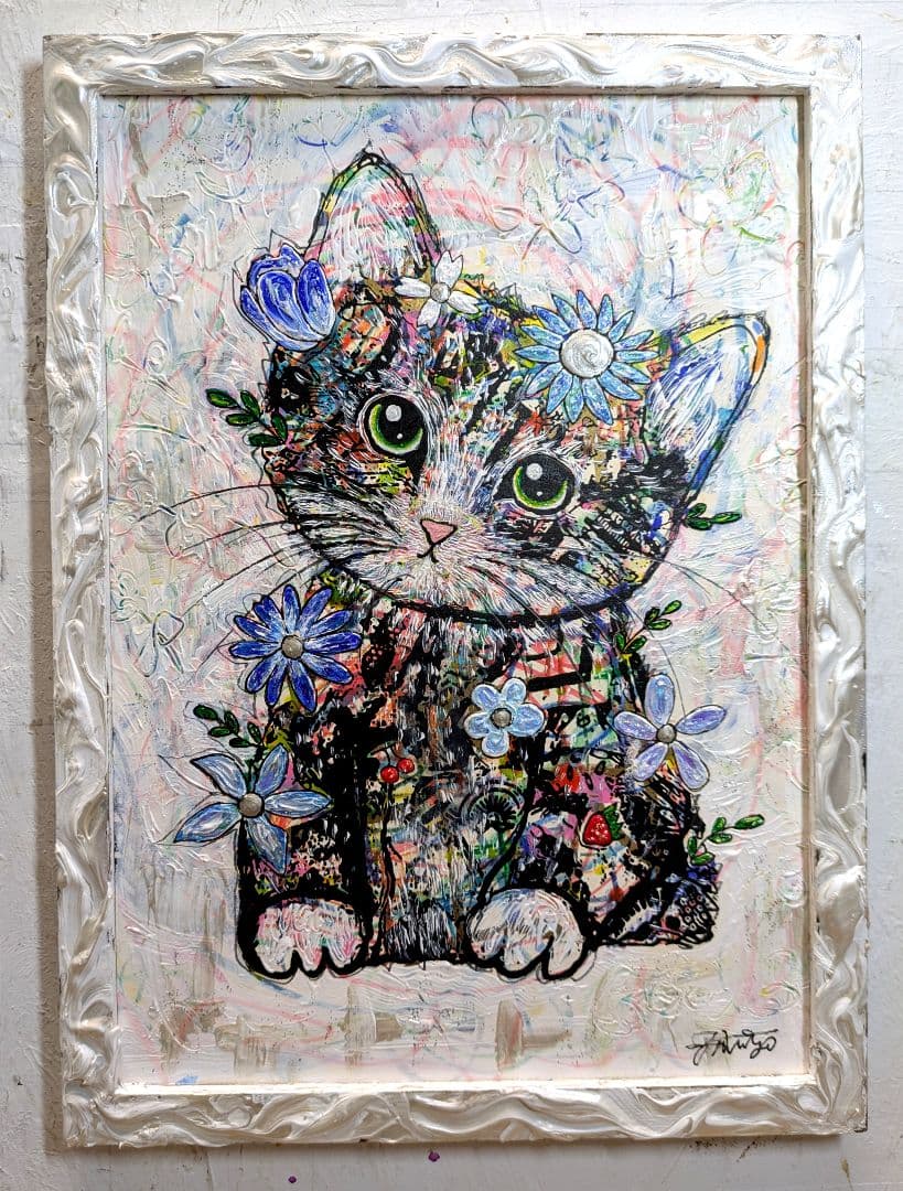 午前中までの特別価格❗️A4大作品✨手作り額付き作品　title「創造ニャンコ」