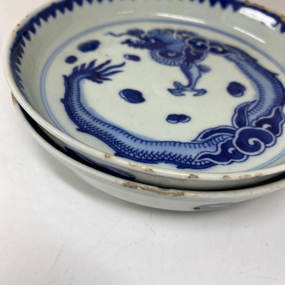 中国美術　染付龍図皿5枚　直径約15㎝東Y7-0404①タカト