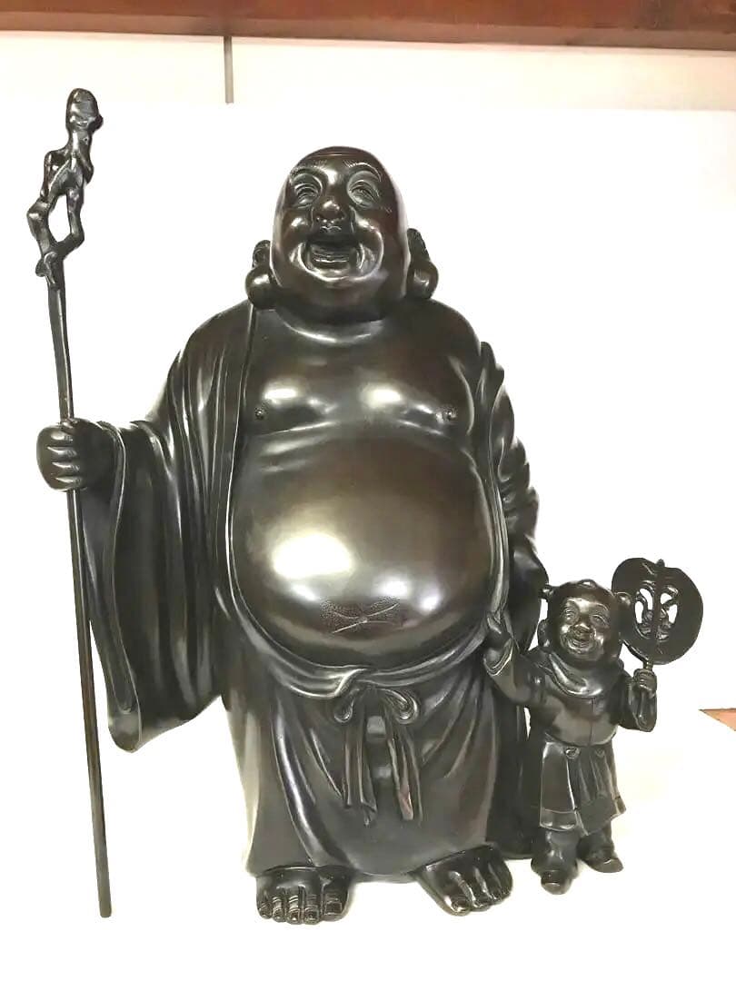 銅製:１尺3寸布袋唐子同行図置物