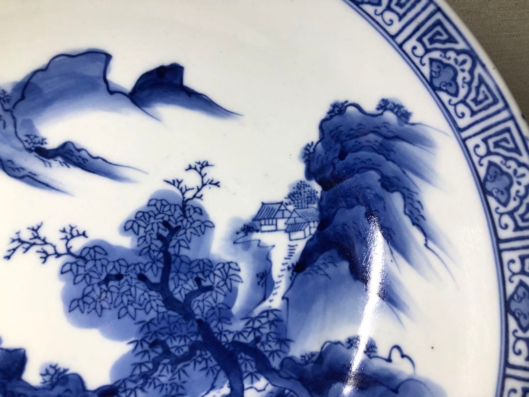 染付大缽。昭和時代。戰前。山水文。美品。舊家藏出。古美術。骨董品。