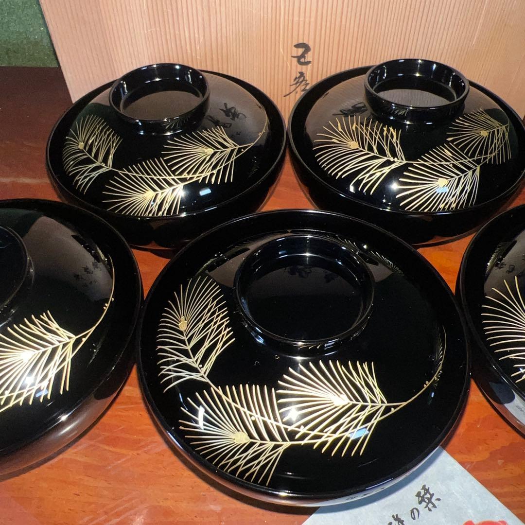 42未使用 高級輪島塗 わじま龍作 松沈金 吸物椀5客