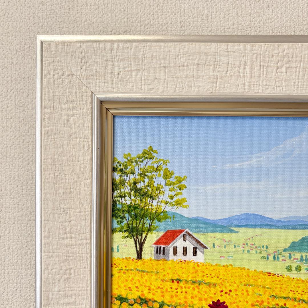 アクリル画　原画　「キバナコスモスのフィールド06」額縁付　F4サイズ　風景画