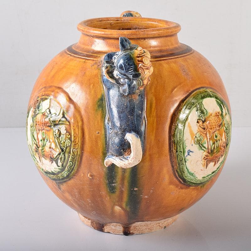 中国　唐三彩　獅子取手　獅子口　執壷　水注　V　R8340B