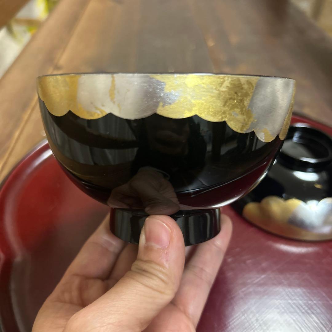 山中漆器　金箔　銀箔　蒔絵　吸物椀　5客　酢谷　伝統工芸　天然木