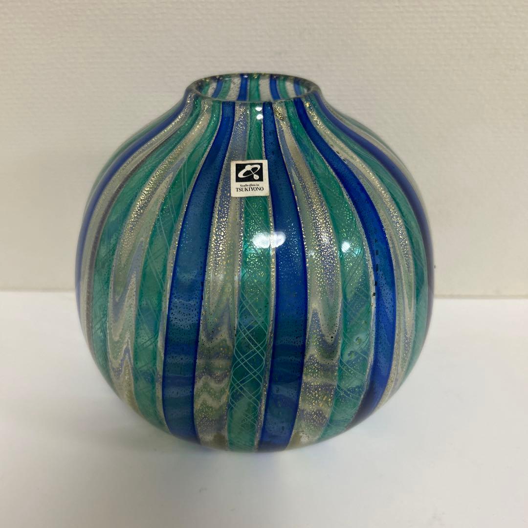 月夜野工房　TSUKIYONOガラス製花瓶　レース　ストライプ　金彩　吹きガラス