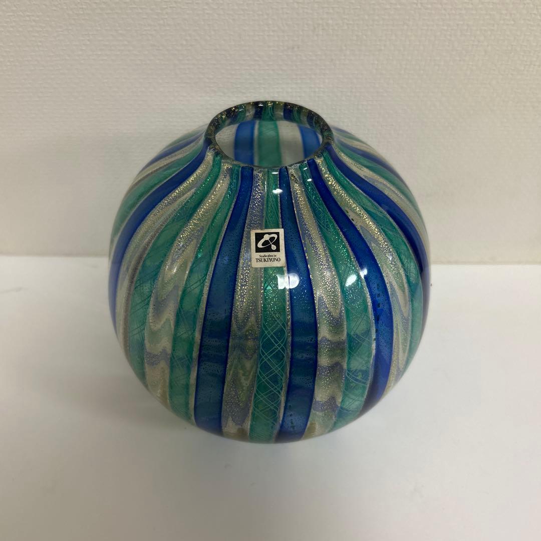 月夜野工房　TSUKIYONOガラス製花瓶　レース　ストライプ　金彩　吹きガラス