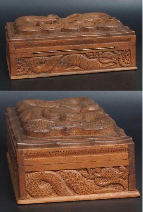 送料無料　時代物　龍彫刻からくり宝石箱　珍品木箱