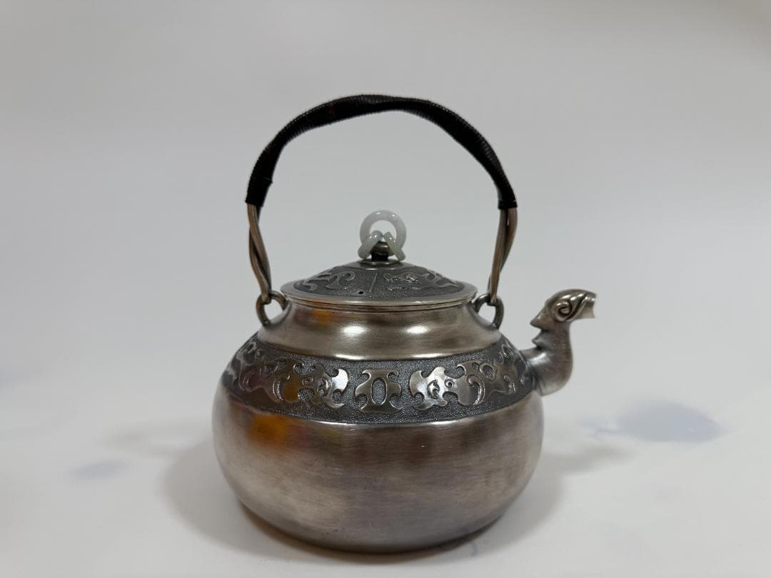 純銀製 饕餮文 獣口 三連環玉摘 湯沸 銀瓶 煎茶道具