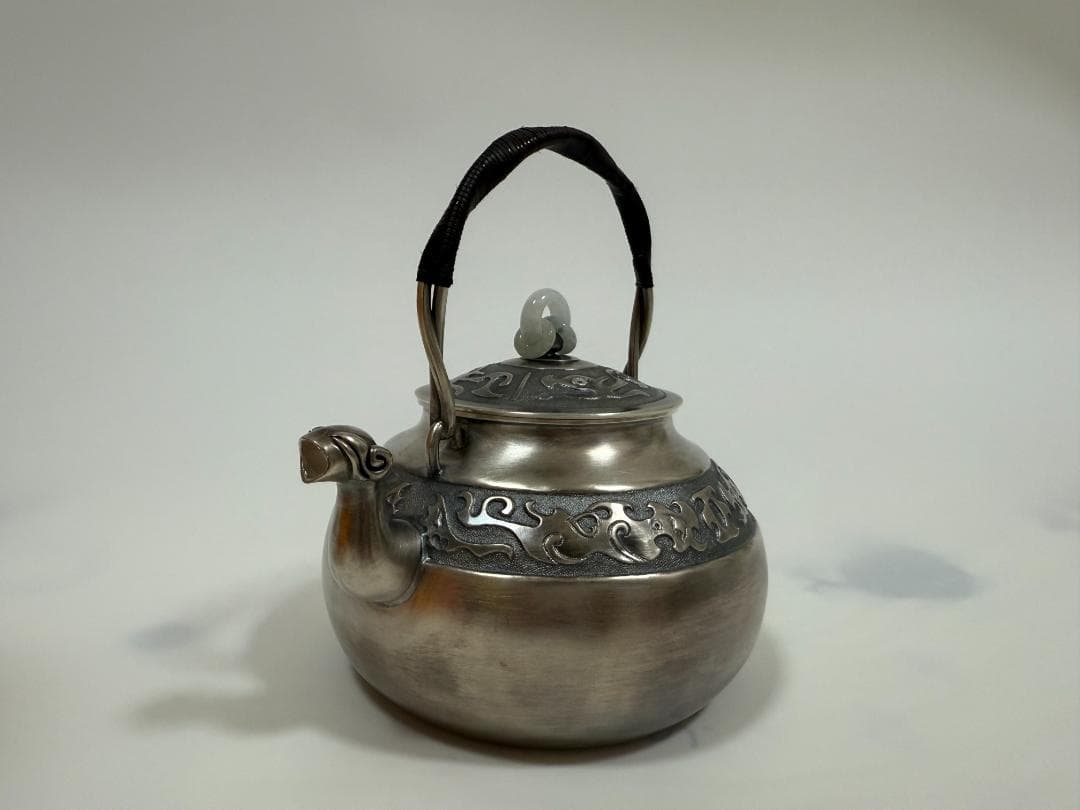 純銀製 饕餮文 獣口 三連環玉摘 湯沸 銀瓶 煎茶道具