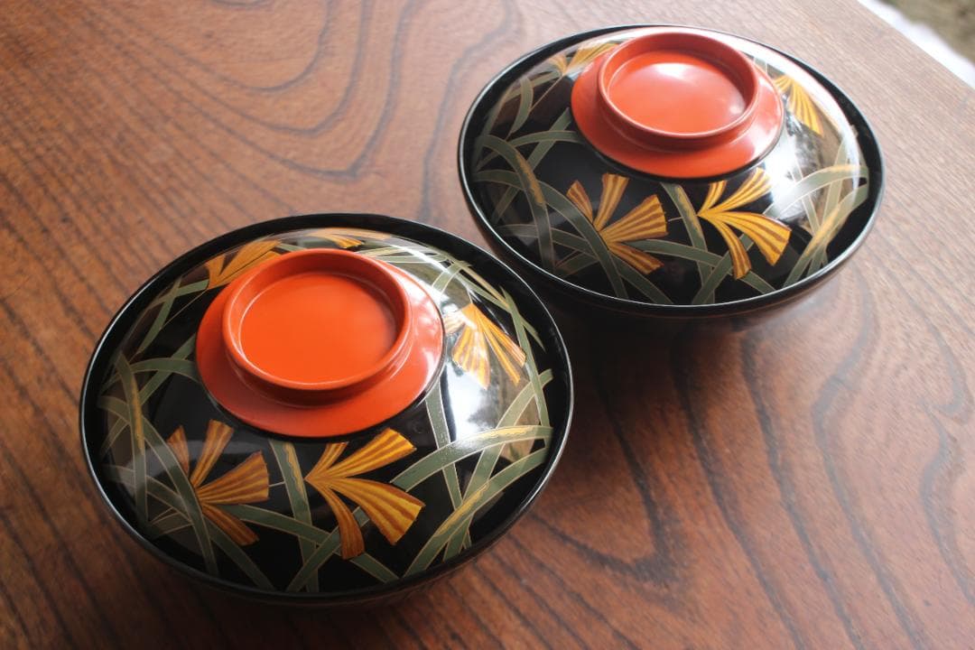 デッドストック！極上ススキ文に優美な内銀雁蒔絵の大椀2点（検輪島塗蒔絵椀雑煮椀