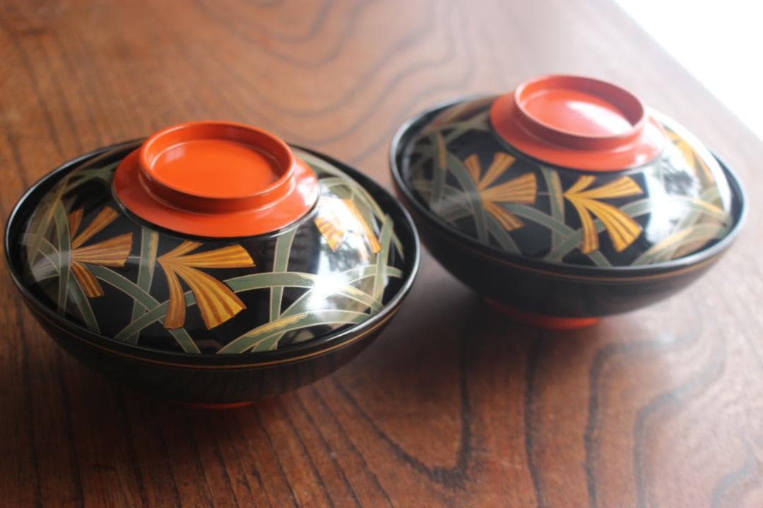 デッドストック！極上ススキ文に優美な内銀雁蒔絵の大椀2点（検輪島塗蒔絵椀雑煮椀