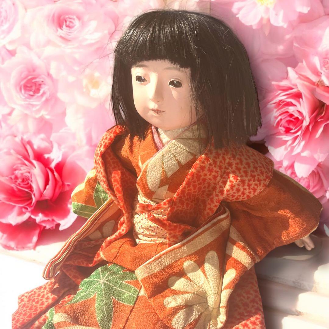 市松人形 石黒人形店 大正 ガラス目 3つ折れ 抱き人形 縮緬着物 1912年~