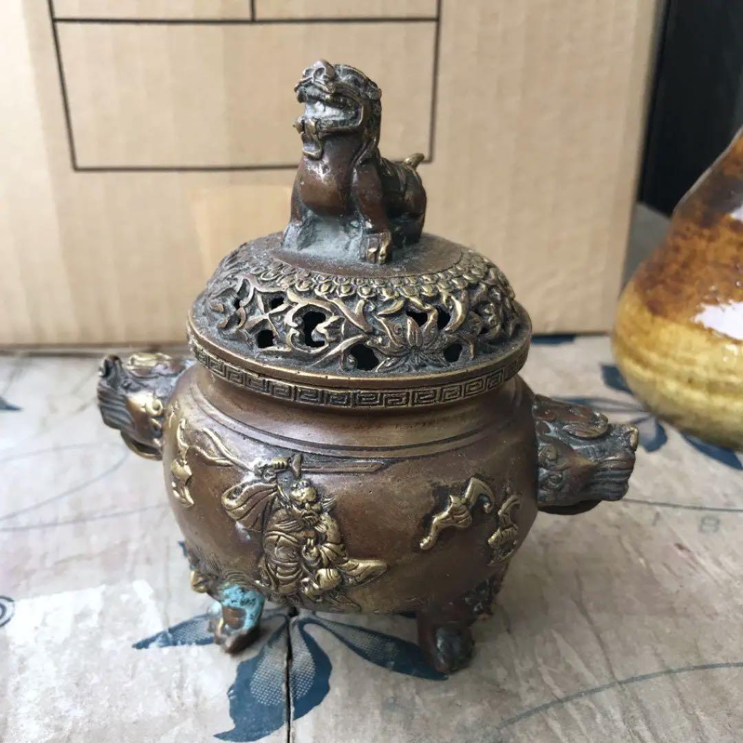 中国 骨董 銅香炉 獅子 野獣足 時代物 「大明宣徳」刻印