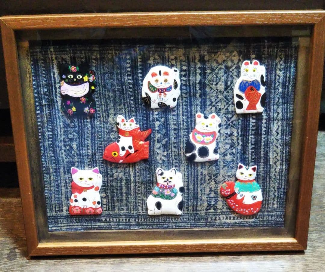 猫8匹押絵　縁起物額装