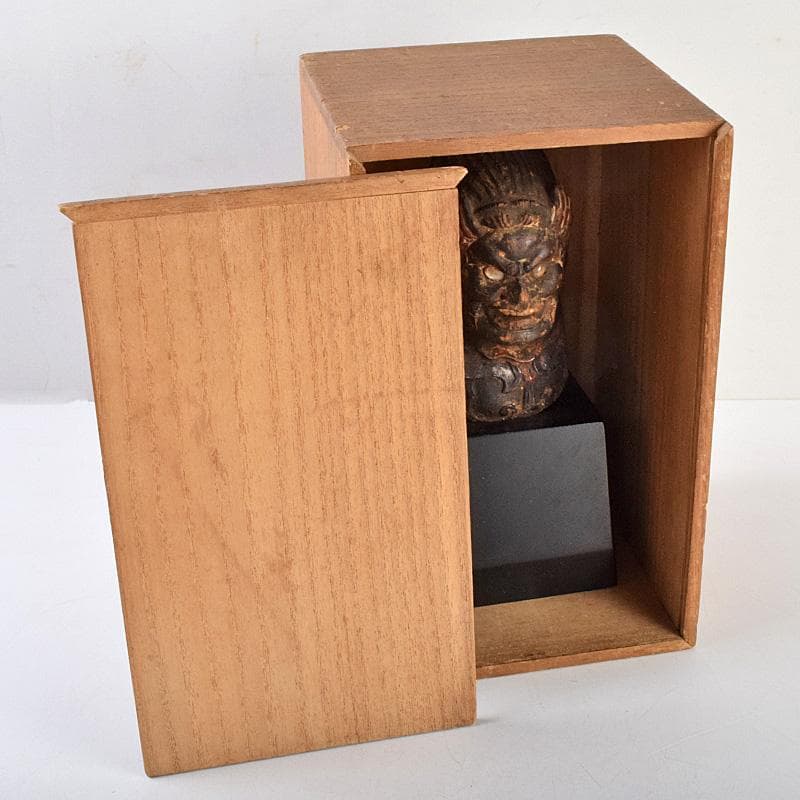 仏教美術　彩色木彫　玉眼入　十二神将像　仏像　木製台・時代箱付　G　R9231