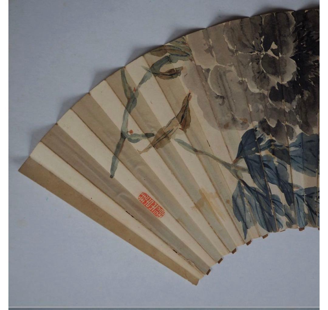 送料無料　清時代　『華石』在銘　漢詩文牡丹図・古扇面　紙本肉筆　中国古玩骨董