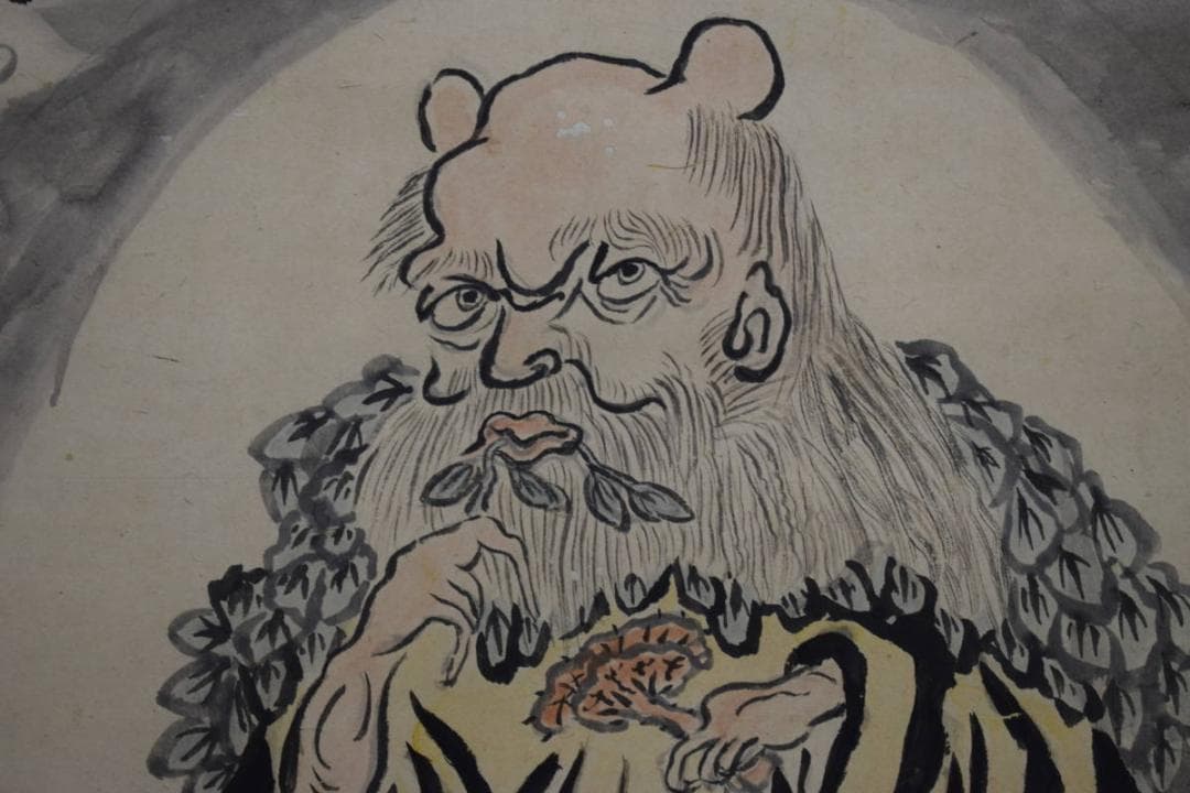 真作/古斎/梅に神農図/布袋屋掛軸HH-270