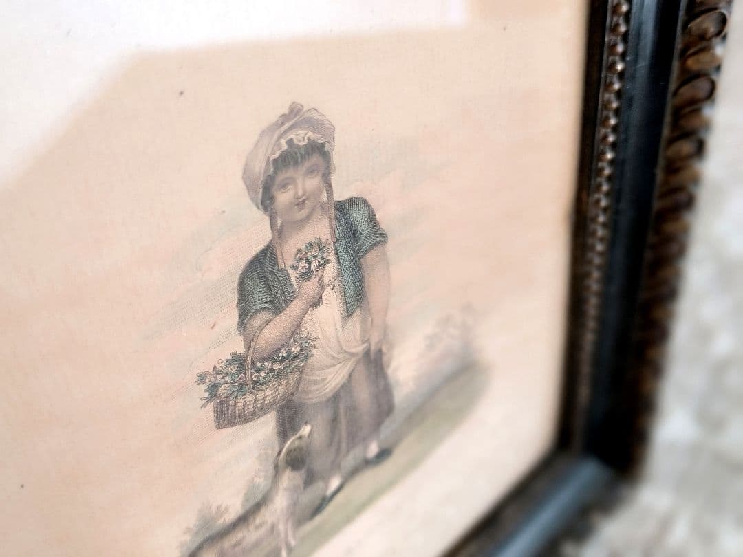 * antique picture ❀* 女の子とワンちゃんのいる 版画プリント