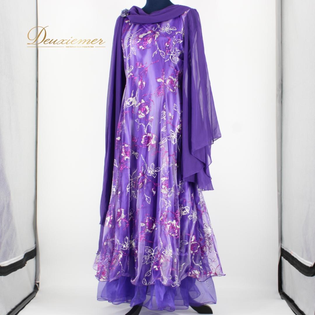 【美品 社交ダンス衣装】ワンピース ドレス un×Ⅱ 紫 パープル 派手 ラメ