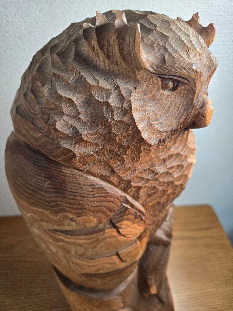 木製一刀彫　フクロウと魚の彫刻　最終値下げ