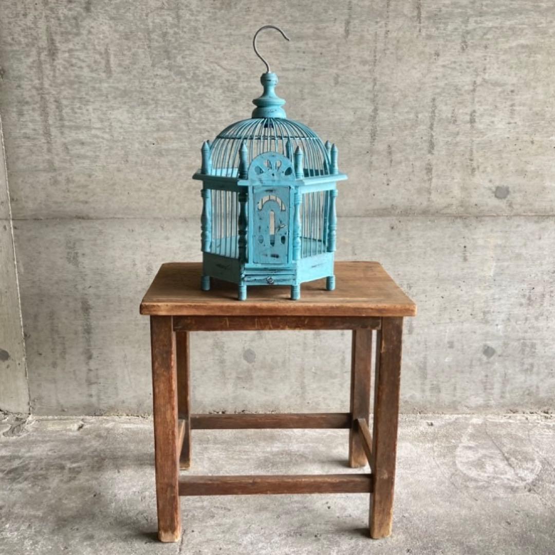 鳥籠 バードゲージ カゴ 小鳥 置物 吊り下げ 水色 青 シャビー レトロ