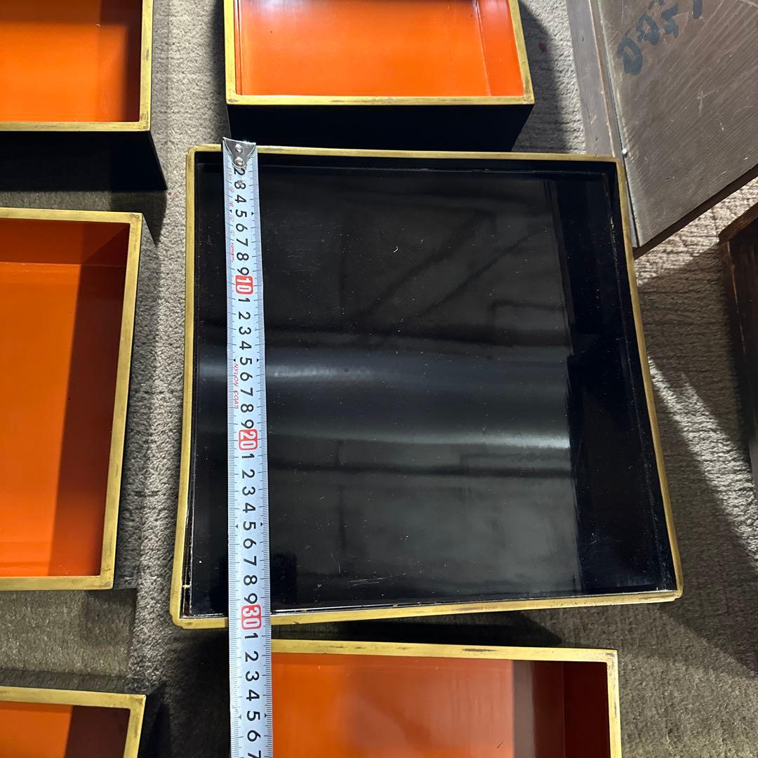 旧家 輪島塗 五段黒重箱 御膳付き 家紋 丸に九枚笹 時代漆器 アンティーク