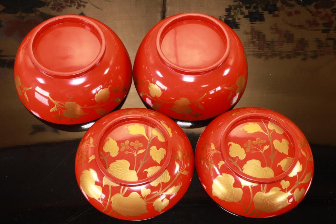 BK129　時代輪島塗　草花図金蒔絵　吸物椀　二客　木製　茶道具 懐石 菓子