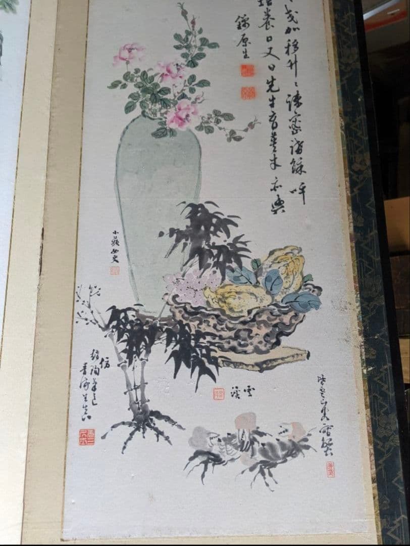 雪渓など/六曲屏風と木箱セット/明治期書画家の合作/希少骨董古美術vintage