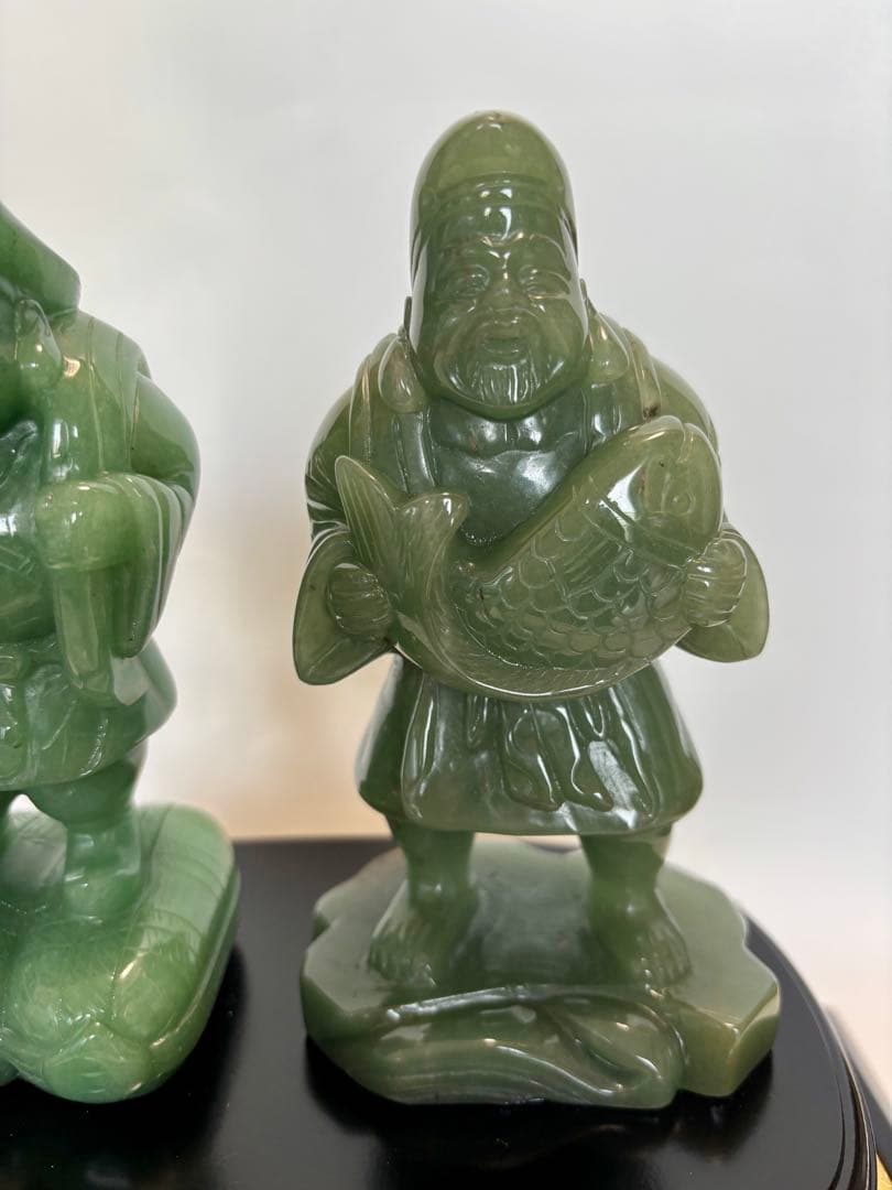 #伝統工芸士・やまなし名工・保山作【恵比須大黒 】翡翠彫刻置物 ガラスケース付