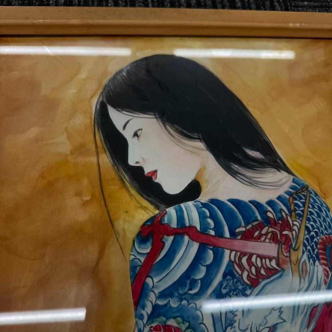 龍泉 リュウセン Ryu sen 額縁 刺青 菊と龍 水彩画 在銘 艶絵