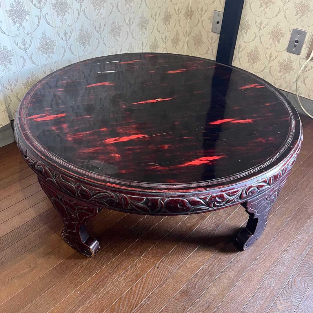 【アンティーク】李朝 彫刻 天然木 座卓 ちゃぶ台 センターテーブル 古家具