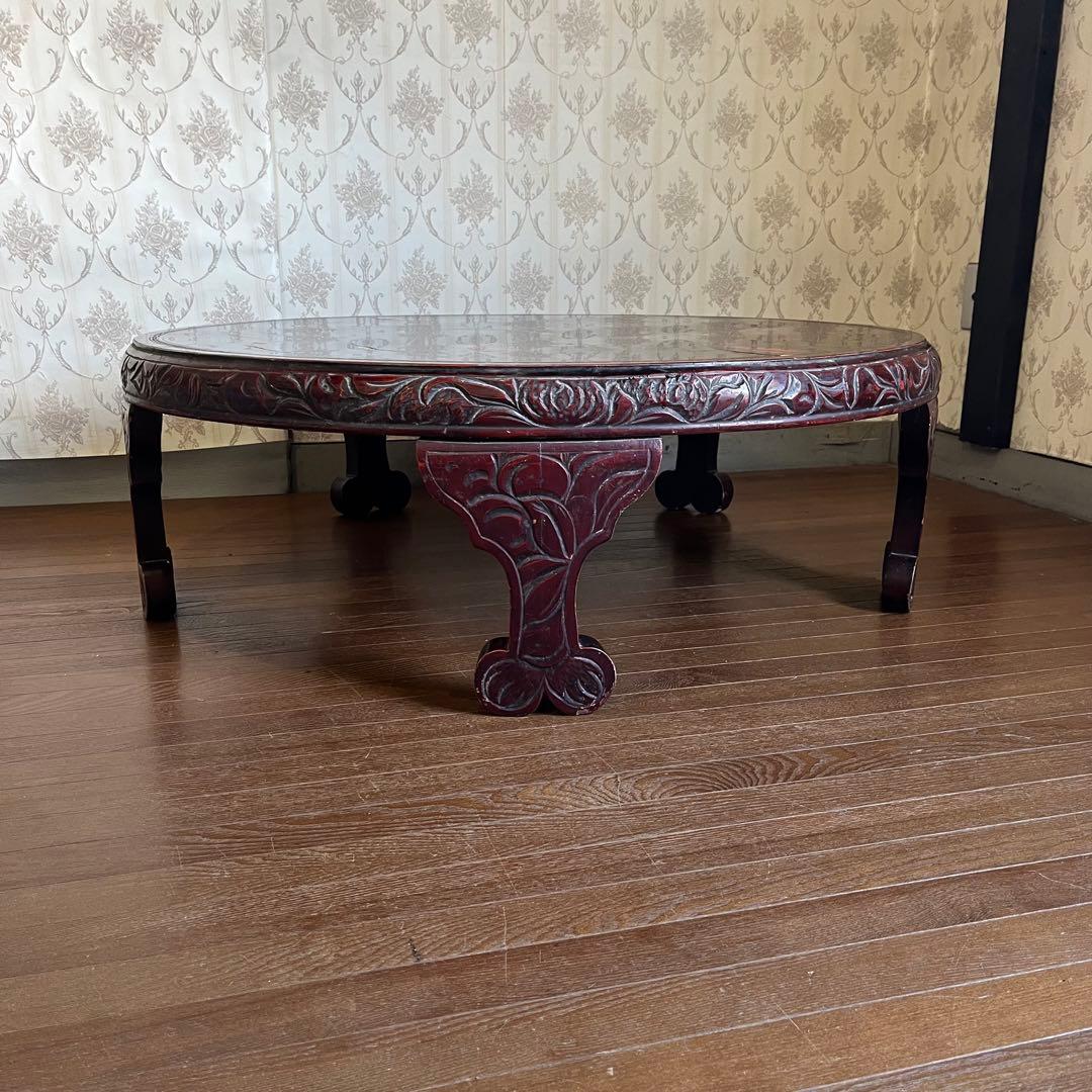 【アンティーク】李朝 彫刻 天然木 座卓 ちゃぶ台 センターテーブル 古家具