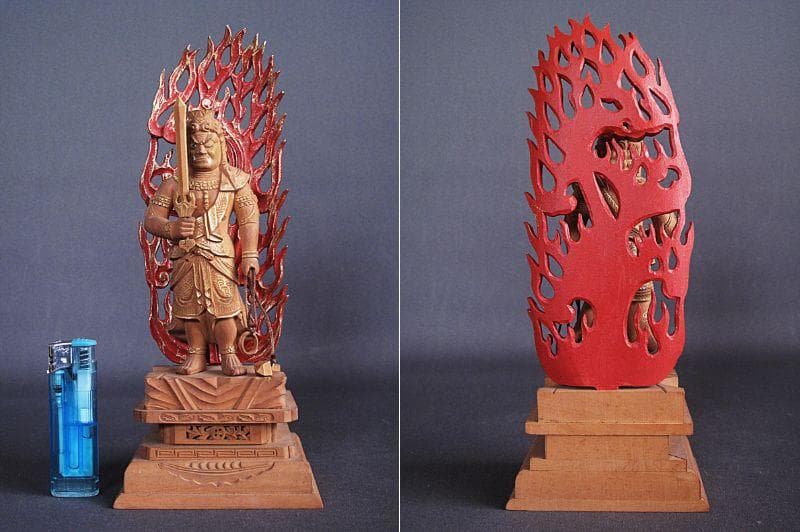 金泥淡彩色!!『木造 不動明王立像』総高25㎝ 像高13.6㎝