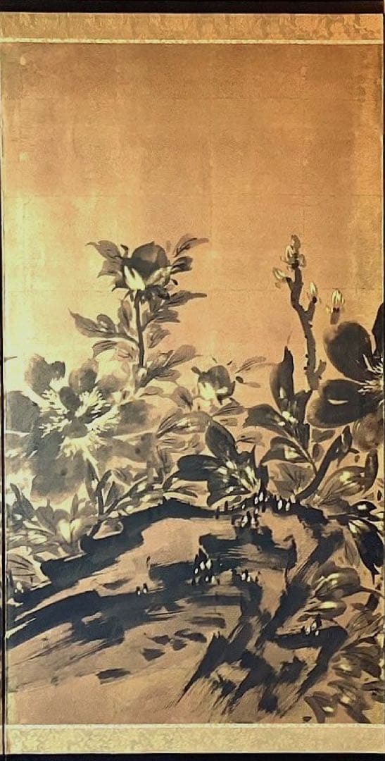 四つ折り屏風　日本画　金箔彩色　『墨絵牡丹』
