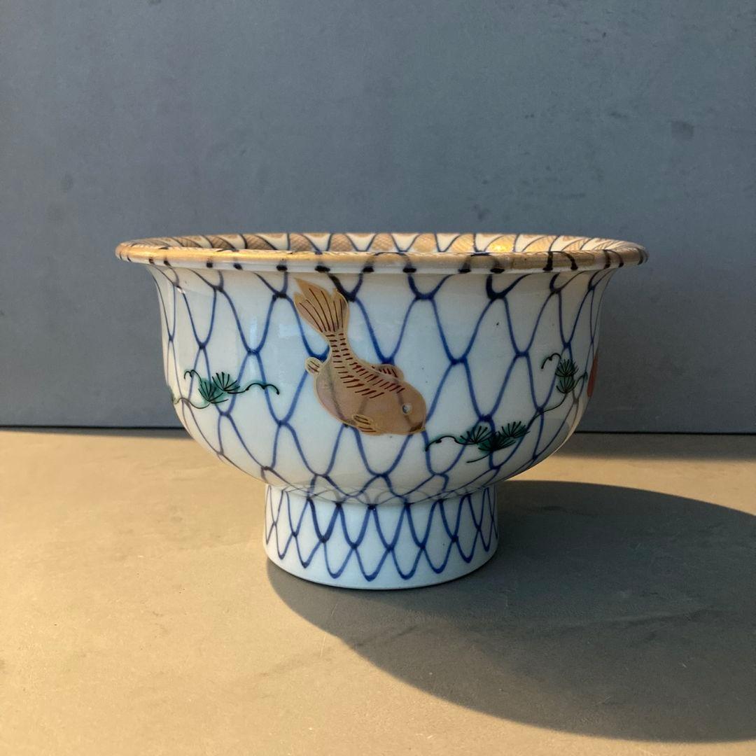 【貴重】古伊万里　染付色絵鉢　網目　金魚　金彩　茶碗　陶器　骨董品　江戸後期