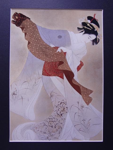 伊東 深水、「鏡獅子」、額装用希少図版、新品額・額装付き、状態良好