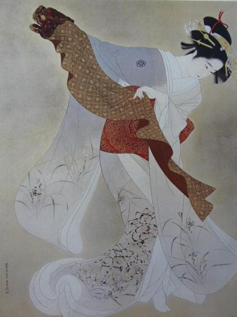 伊東 深水、「鏡獅子」、額装用希少図版、新品額・額装付き、状態良好