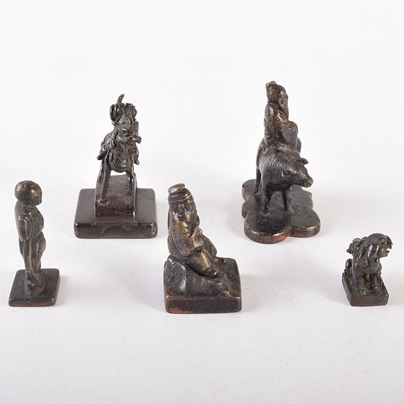 中国　古銅宣徳銅　篆刻　人物摘　獅子摘など　印材　5点まとめて　G　R7651