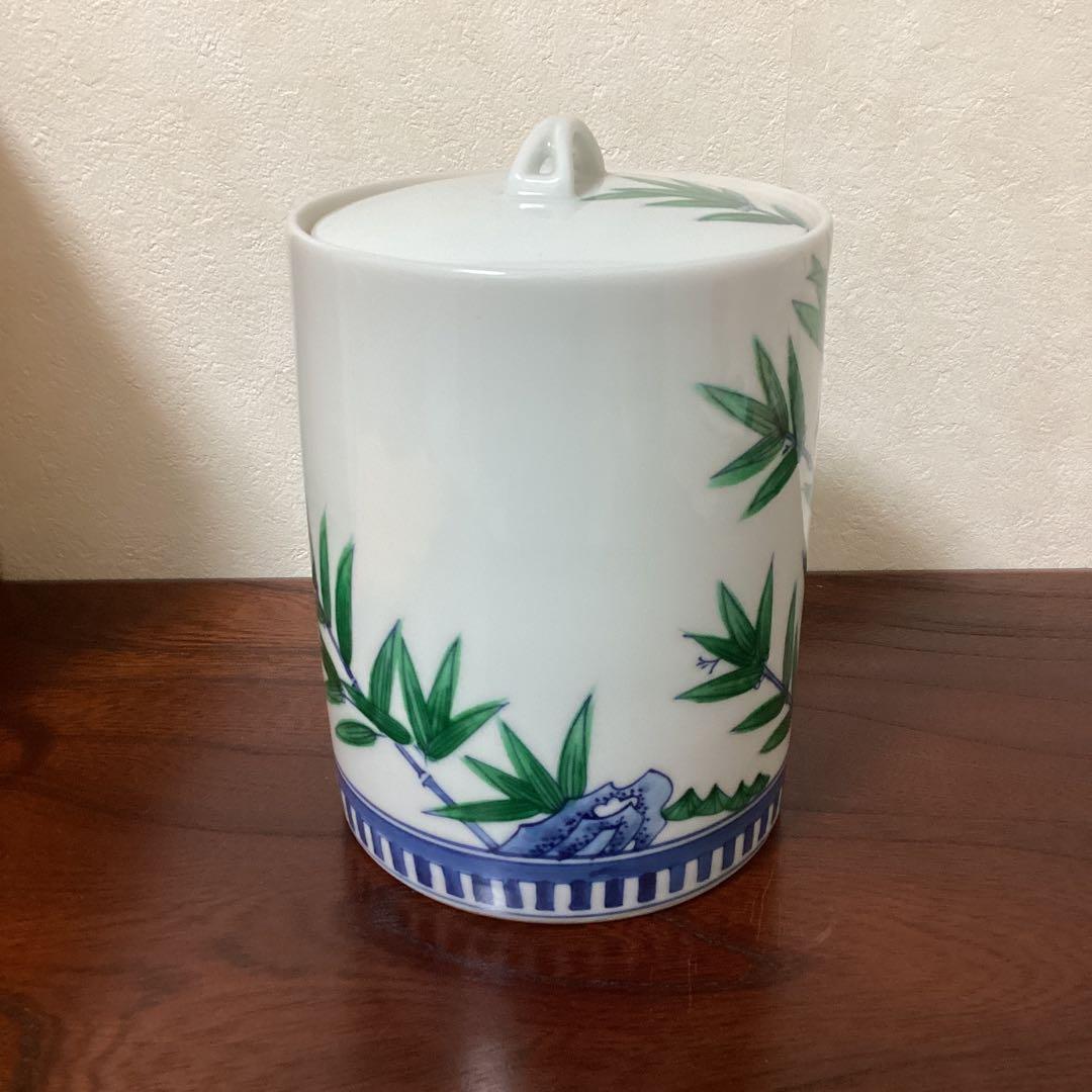 水指　正村千馨作　染付水指岩竹文　共箱　茶道具