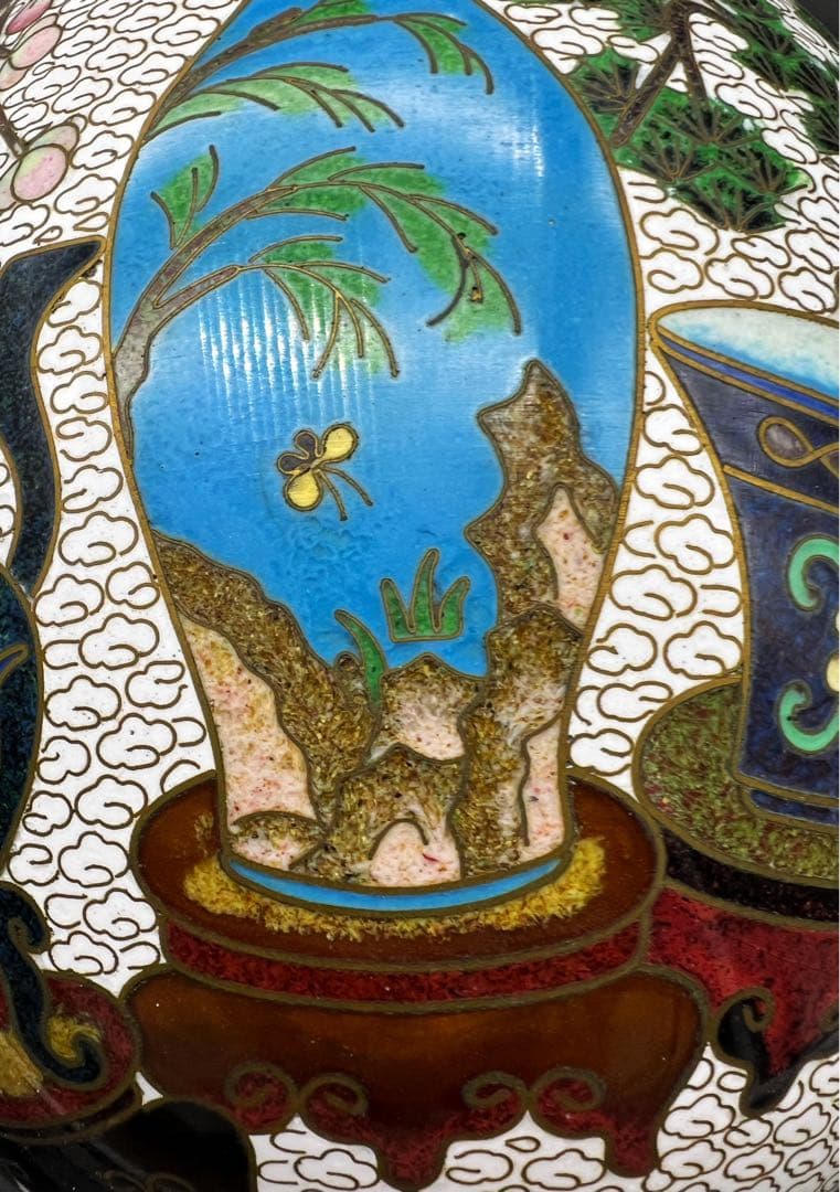 中國美術 古玩 景泰藍 七宝焼 超大博古紋茶入 茶筒 茶道具 高さ20.5cm