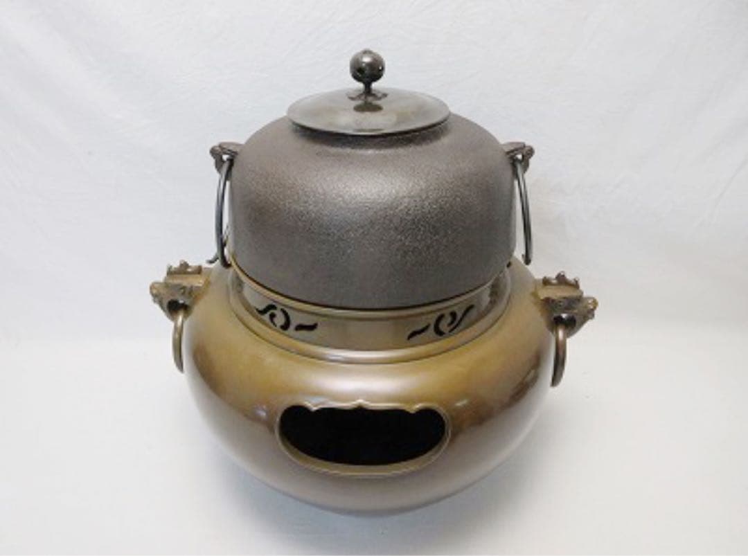 ほぼ未使用 茶道具 人間国宝 釜師敬典作 唐銅鬼面風炉 丸釜添 野々田電熱器